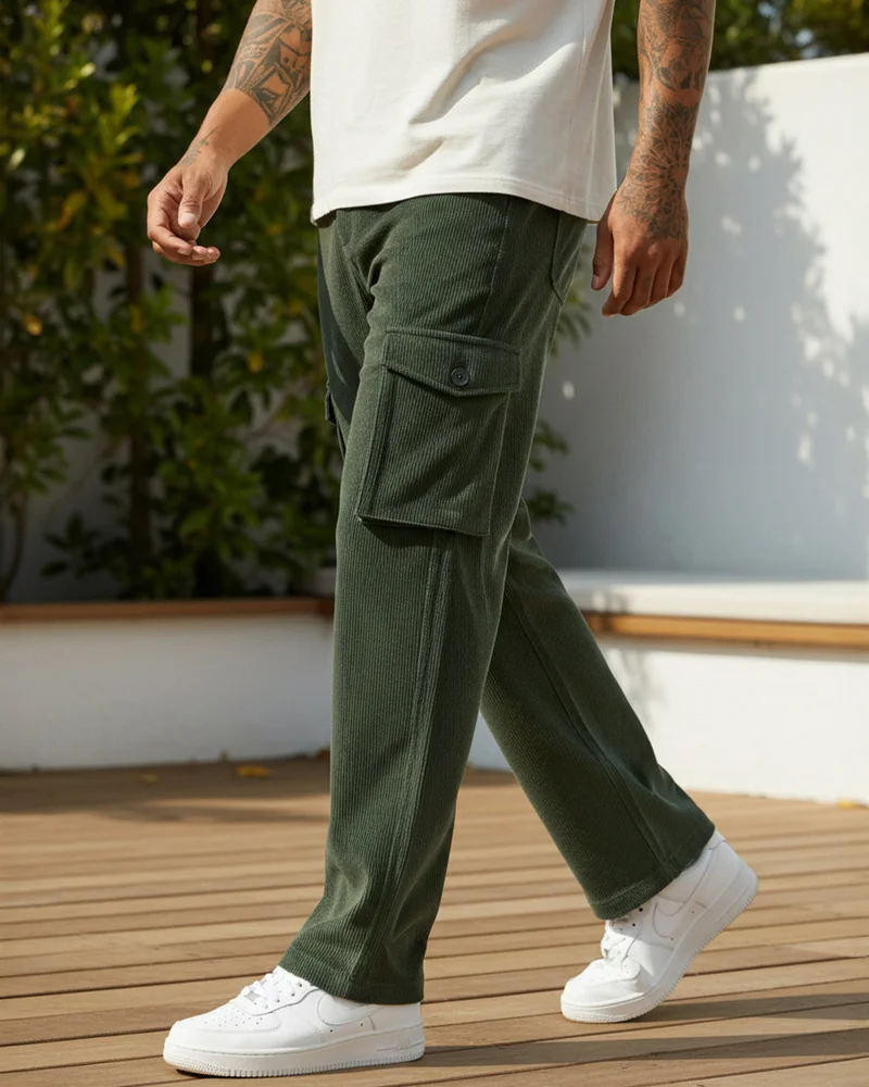 بيواكوف Men's Dark Olive Green Straight Fit Cargo Corduroy Pants